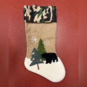 Camouflage Holiday Stocking with Bear and Tree Design